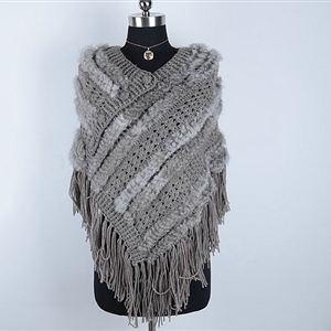 Winter Women's Genuine Knitting Rabbit Fur Shawls Warm Triangle Tassel Wraps Poncho - Grey