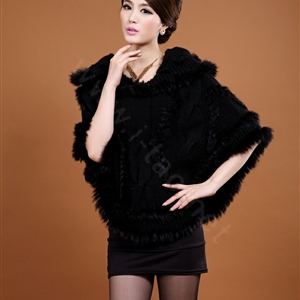Women's Genuine Knitted Twisted Rabbit Fur Poncho Winter Warm Wraps Hooded Shawls - Black