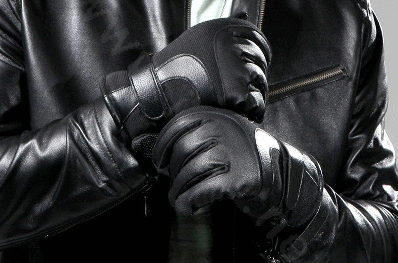 Allfond Man winter warm outdoor sport windproof ski motorcycle riding buckle leather Gloves - Black