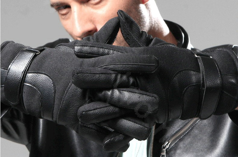Allfond Man winter warm outdoor sport windproof ski motorcycle riding buckle leather Gloves - Black