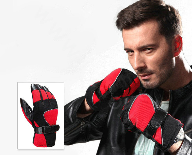 Allfond Man winter warm outdoor sport windproof ski motorcycle riding buckle leather Gloves - Black red