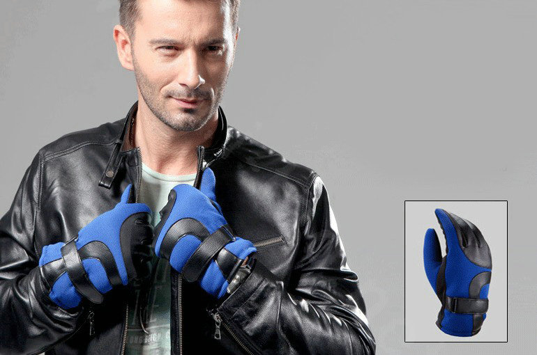Allfond Man winter warm outdoor sport windproof ski motorcycle riding buckle leather Gloves - Blue