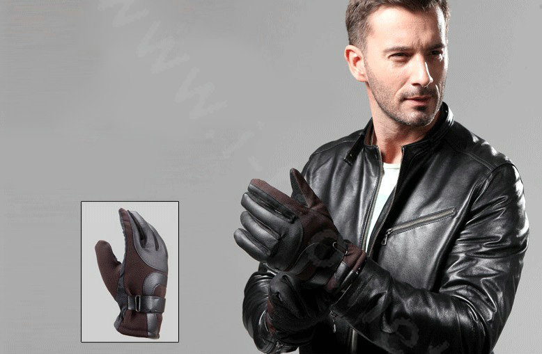 Allfond Man winter warm outdoor sport windproof ski motorcycle riding buckle leather Gloves - Coffee