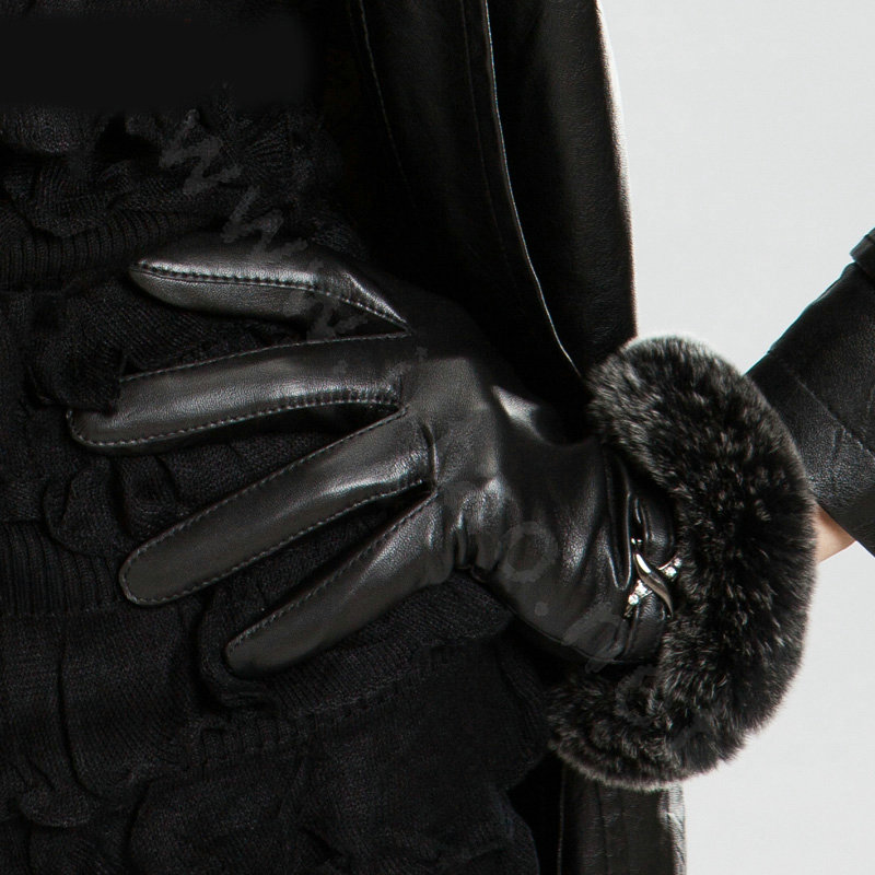 Allfond Women winter waterproof cold-proof warm rex rabbit fur genuine goatskin leather gloves L - Black