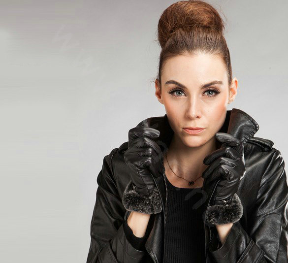 Allfond Women winter waterproof cold-proof warm rex rabbit fur genuine goatskin leather gloves L - Black
