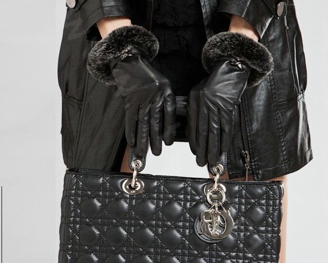 Allfond Women winter waterproof cold-proof warm rex rabbit fur genuine goatskin leather gloves L - Black