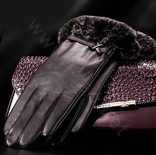 Allfond Women winter waterproof cold-proof warm rex rabbit fur genuine goatskin leather gloves L - Black