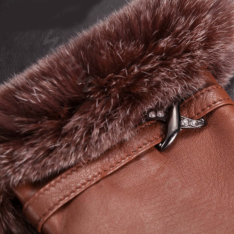 Allfond Women winter waterproof cold-proof warm rex rabbit fur genuine goatskin leather gloves L - Brown