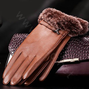 Allfond Women winter waterproof cold-proof warm rex rabbit fur genuine goatskin leather gloves L - Brown