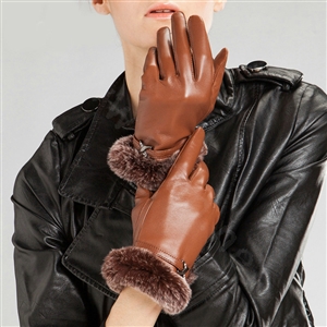 Allfond Women winter waterproof cold-proof warm rex rabbit fur genuine goatskin leather gloves L - Brown