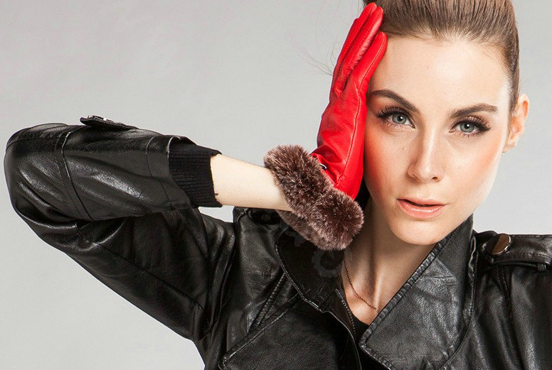 Allfond Women winter waterproof cold-proof warm rex rabbit fur genuine goatskin leather gloves M - Red