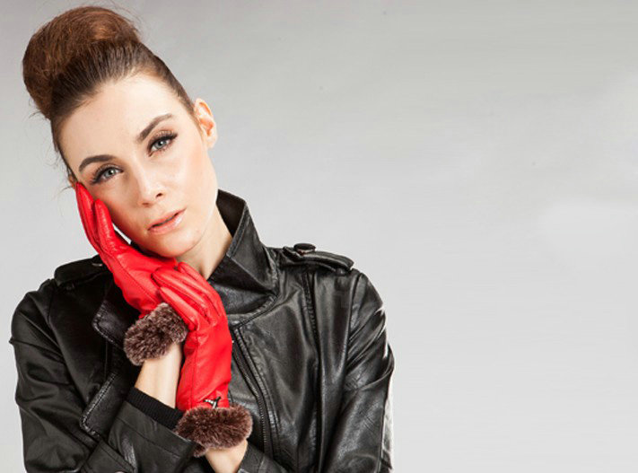 Allfond Women winter waterproof cold-proof warm rex rabbit fur genuine goatskin leather gloves M - Red