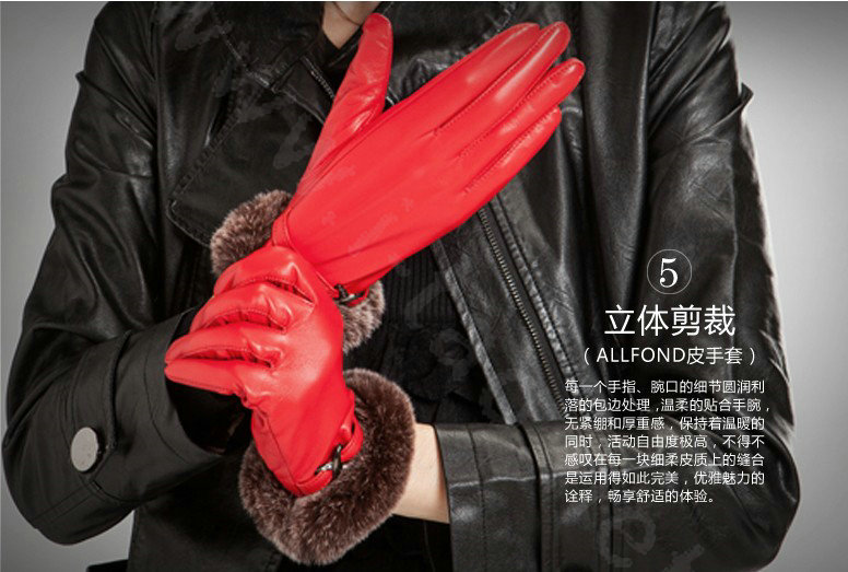 Allfond Women winter waterproof cold-proof warm rex rabbit fur genuine goatskin leather gloves M - Red