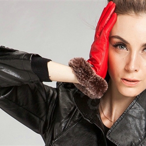 Allfond Women winter waterproof cold-proof warm rex rabbit fur genuine goatskin leather gloves L - Red