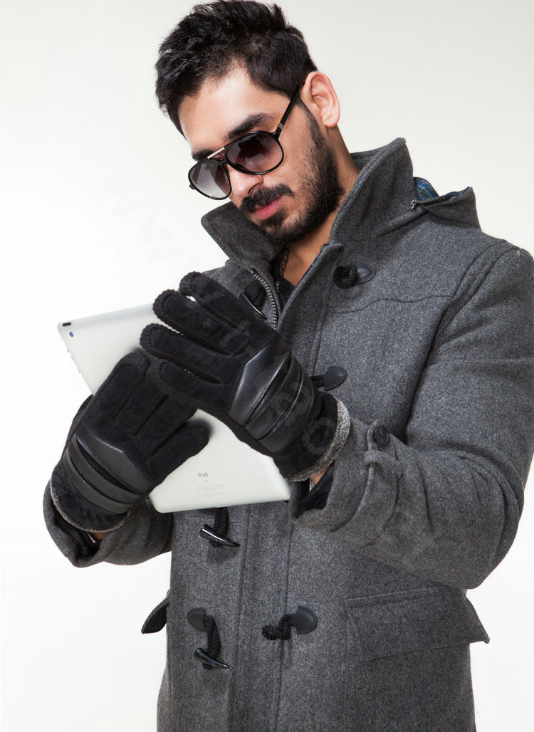 Allfond fashion men winter cold-proof plus velvet warm genuine pigskin clipping leather gloves - Black
