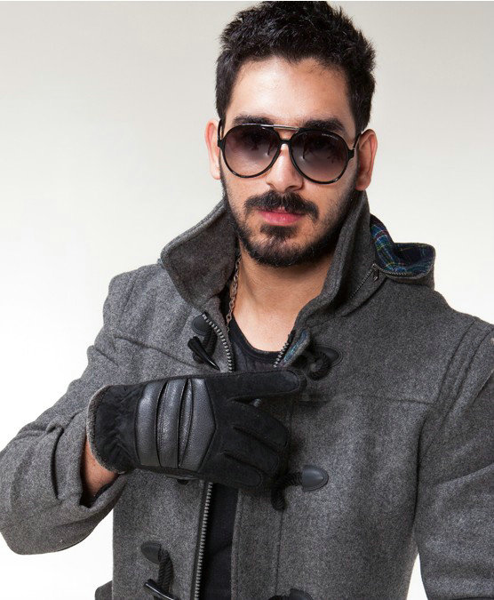 Allfond fashion men winter cold-proof plus velvet warm genuine pigskin clipping leather gloves - Black