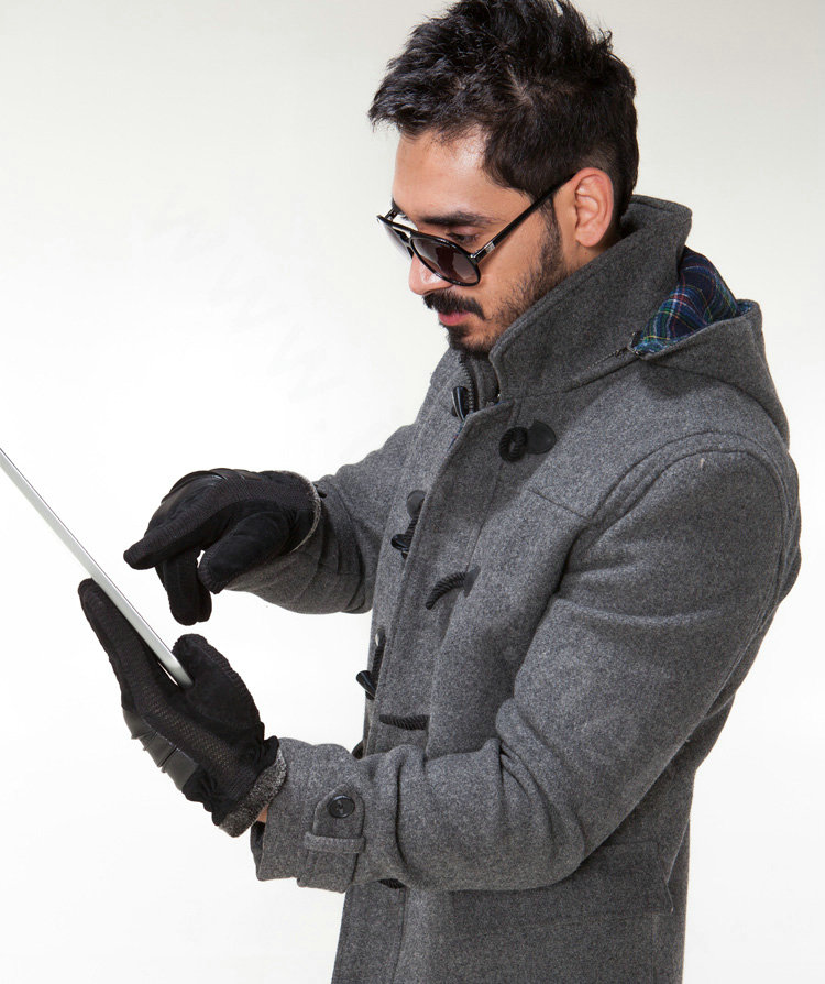 Allfond fashion men winter cold-proof plus velvet warm genuine pigskin clipping leather gloves - Black