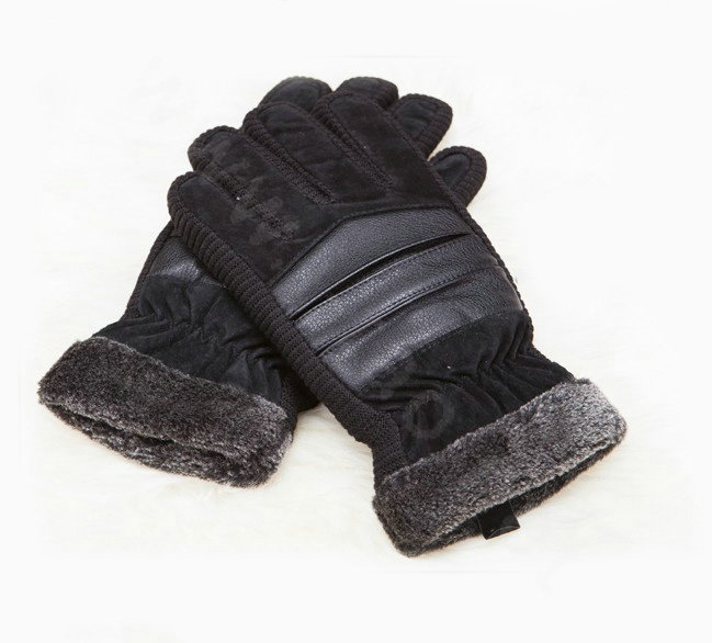 Allfond fashion men winter cold-proof plus velvet warm genuine pigskin clipping leather gloves - Black