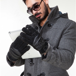 Allfond fashion men winter cold-proof plus velvet warm genuine pigskin clipping leather gloves - Black