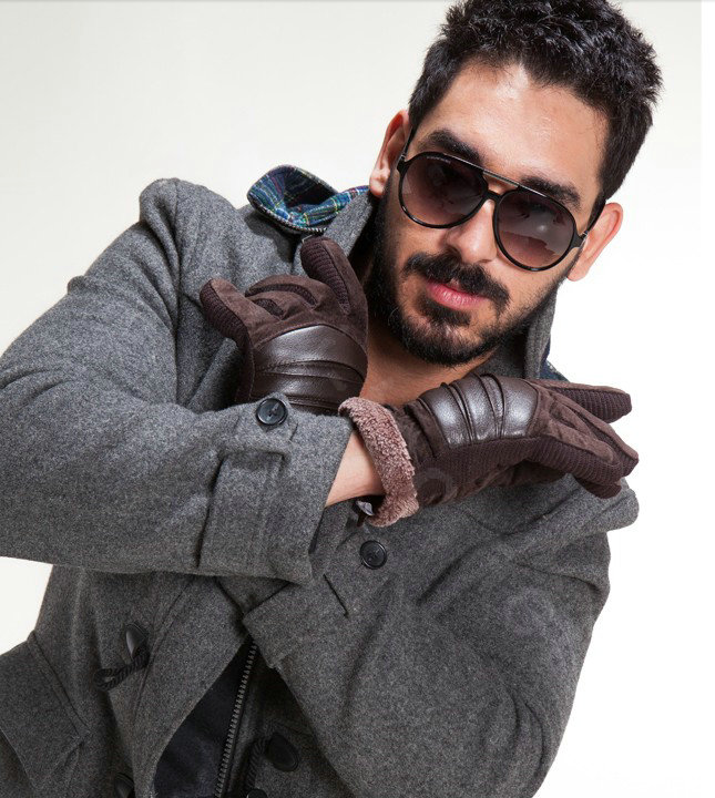 Allfond fashion men winter cold-proof plus velvet warm genuine pigskin clipping leather gloves - Coffee