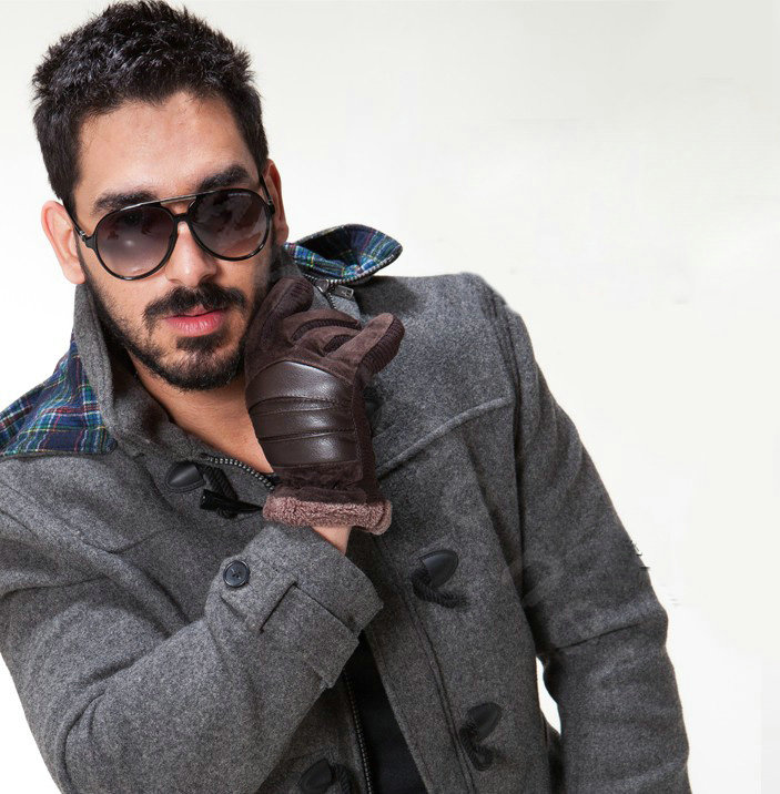 Allfond fashion men winter cold-proof plus velvet warm genuine pigskin clipping leather gloves - Coffee