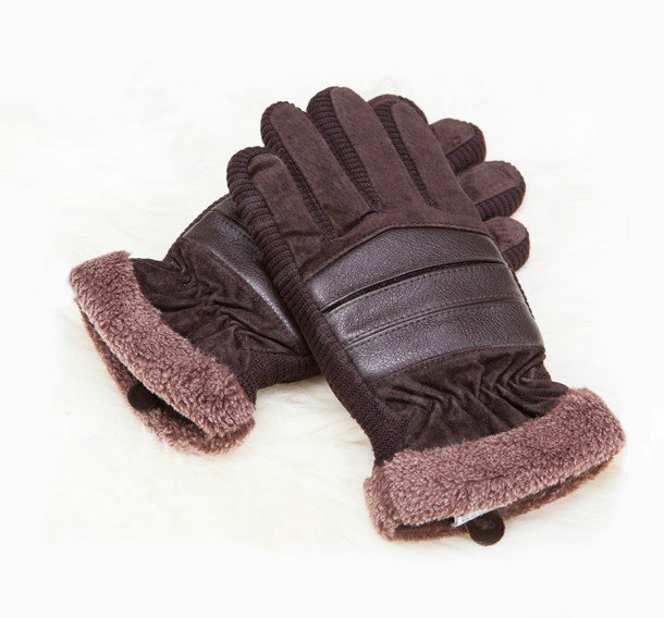 Allfond fashion men winter cold-proof plus velvet warm genuine pigskin clipping leather gloves - Coffee