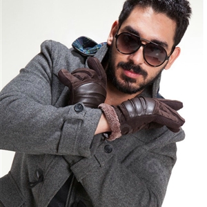 Allfond fashion men winter cold-proof plus velvet warm genuine pigskin clipping leather gloves - Coffee