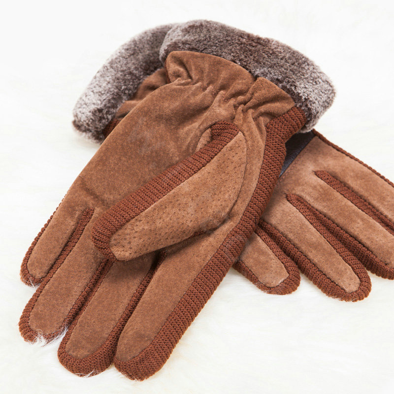 Allfond fashion men winter cold-proof plus velvet warm genuine pigskin clipping leather gloves - Yellow