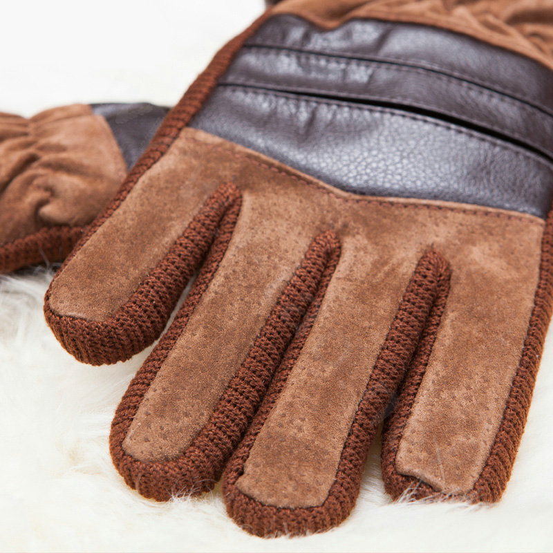 Allfond fashion men winter cold-proof plus velvet warm genuine pigskin clipping leather gloves - Yellow
