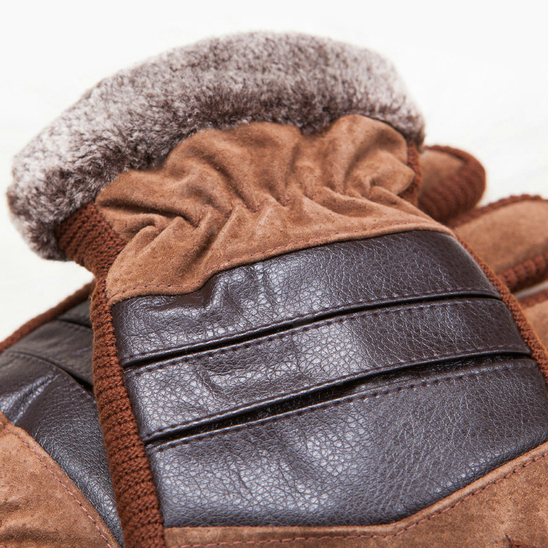 Allfond fashion men winter cold-proof plus velvet warm genuine pigskin clipping leather gloves - Yellow