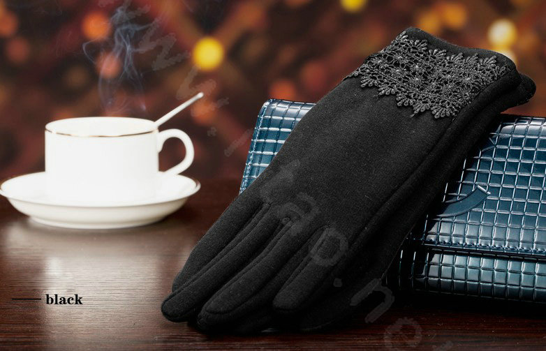 Allfond fashion women touch screen gloves stretch cotton lace winter warm business gloves - Black