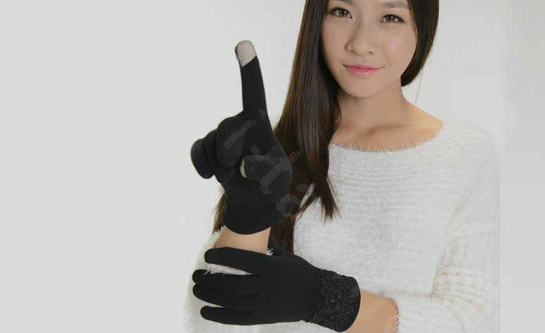 Allfond fashion women touch screen gloves stretch cotton lace winter warm business gloves - Black
