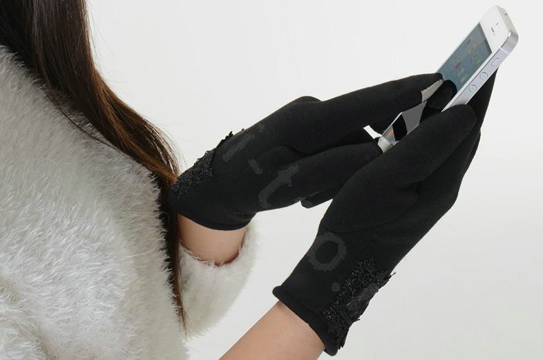 Allfond fashion women touch screen gloves stretch cotton lace winter warm business gloves - Black