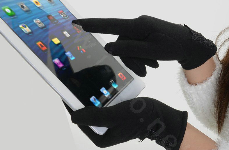 Allfond fashion women touch screen gloves stretch cotton lace winter warm business gloves - Black