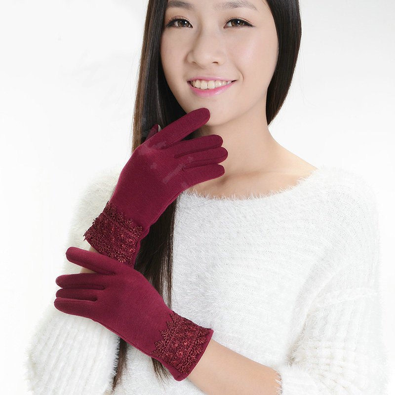 Allfond fashion women touch screen gloves stretch cotton lace winter warm business gloves - Dark red