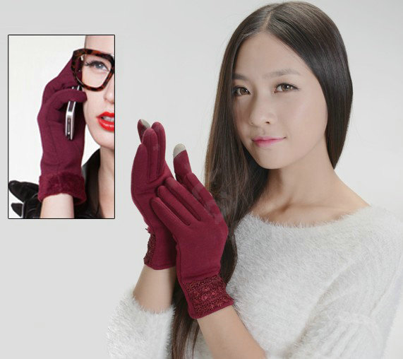 Allfond fashion women touch screen gloves stretch cotton lace winter warm business gloves - Dark red
