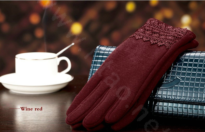 Allfond fashion women touch screen gloves stretch cotton lace winter warm business gloves - Dark red