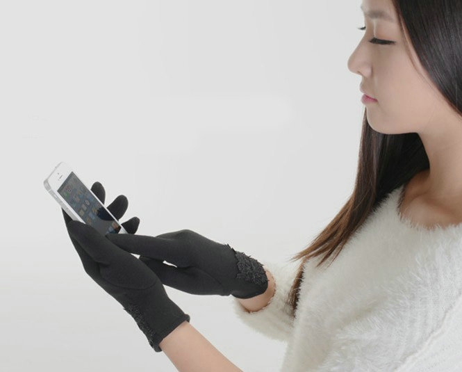 Allfond fashion women touch screen gloves stretch cotton lace winter warm business gloves - Gray