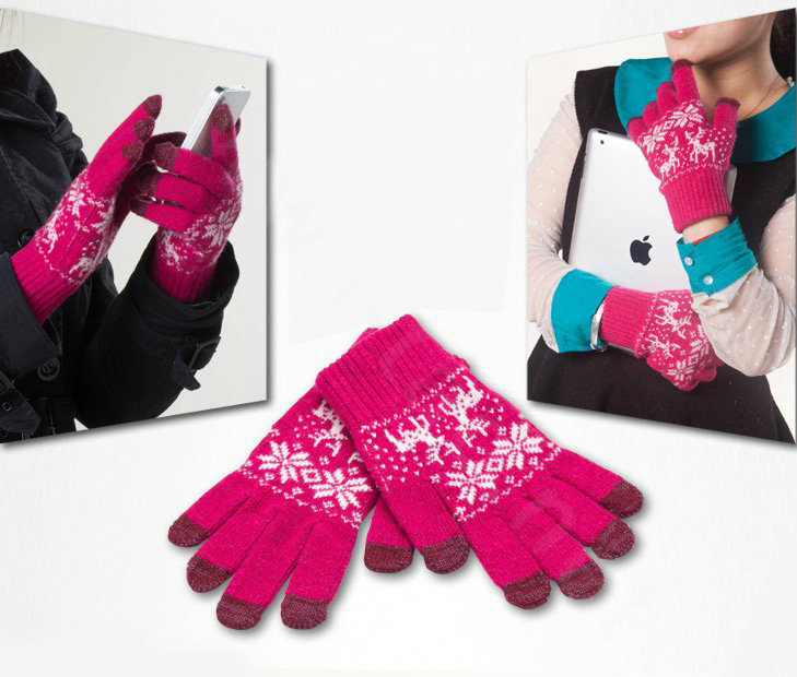 Allfond genuine knitting woolen touch screen gloves winter warm unisex deer gloves - Rose