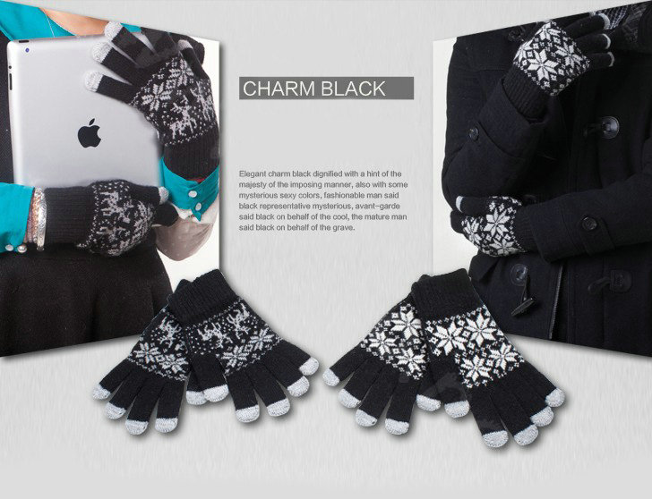 Allfond genuine knitting woolen touch screen gloves winter warm unisex snowflake gloves - Black