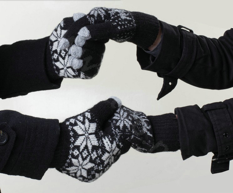 Allfond genuine knitting woolen touch screen gloves winter warm unisex snowflake gloves - Black