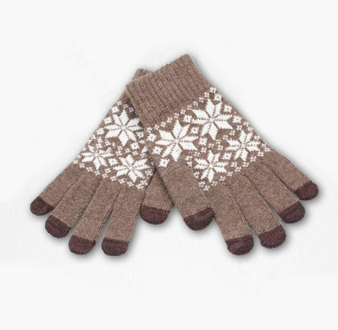 Allfond genuine knitting woolen touch screen gloves winter warm unisex snowflake gloves - Coffee