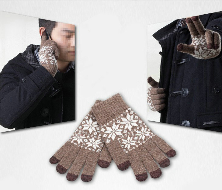 Allfond genuine knitting woolen touch screen gloves winter warm unisex snowflake gloves - Coffee