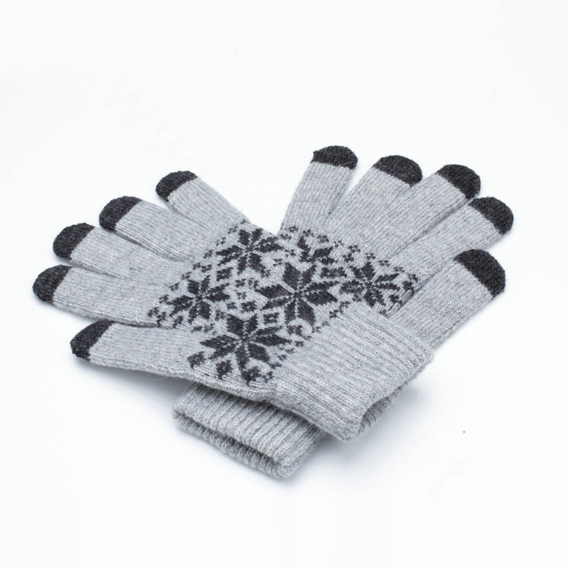 Allfond genuine knitting woolen touch screen gloves winter warm unisex snowflake gloves - light Gray