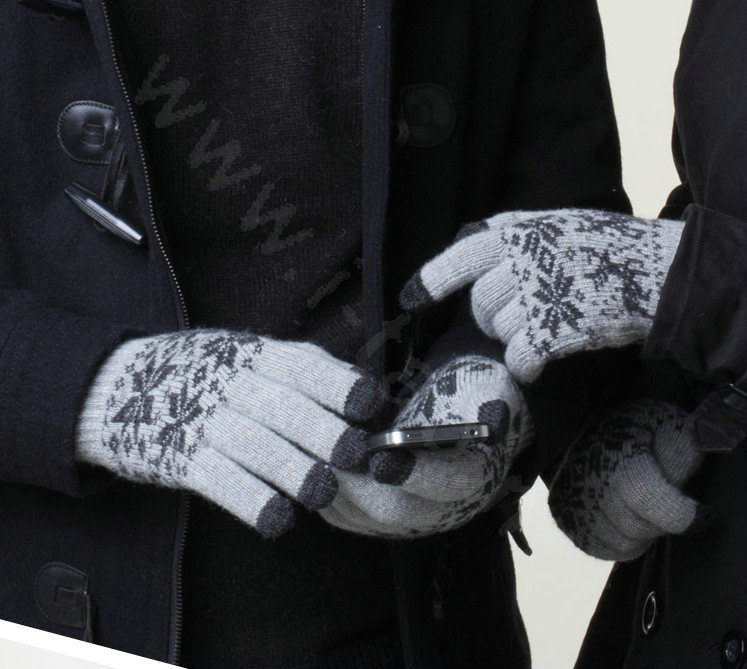 Allfond genuine knitting woolen touch screen gloves winter warm unisex snowflake gloves - light Gray