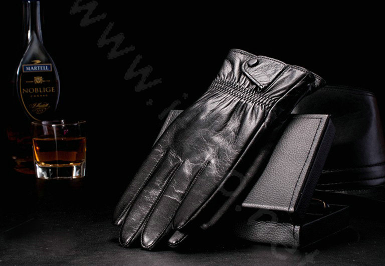 Allfond men business button winter waterproof cold-proof warm goatskin leather gloves L - Black