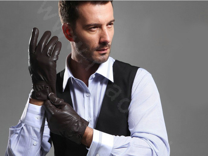 Allfond men business button winter waterproof cold-proof warm goatskin leather gloves L - Coffee