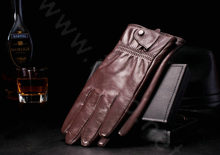Allfond men business button winter waterproof cold-proof warm goatskin leather gloves L - Coffee