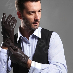 Allfond men business button winter waterproof cold-proof warm goatskin leather gloves L - Coffee