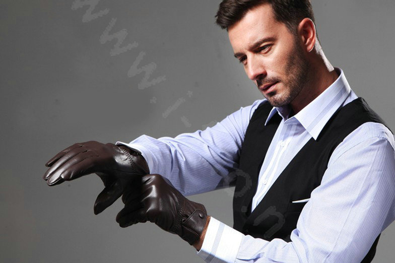 Allfond men business touch screen gloves winter cold-proof warm goatskin leather gloves M - Coffee